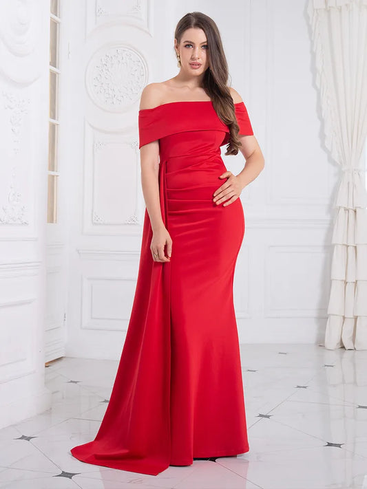 White Off Shoulder Stretch Evening Party Dress Side Gown Red Black
